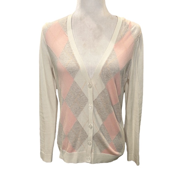 Brooks Brothers 346 Argyle Plaid Cardigan - Blush Pink Cream Tan - M - Picture 1 of 8